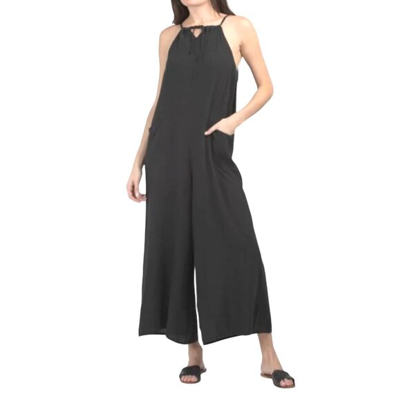 Cristina Vergani Jumpsuit Black Halter Neck Linen Blend Wide-Leg Made In Italy M - Picture 1 of 11